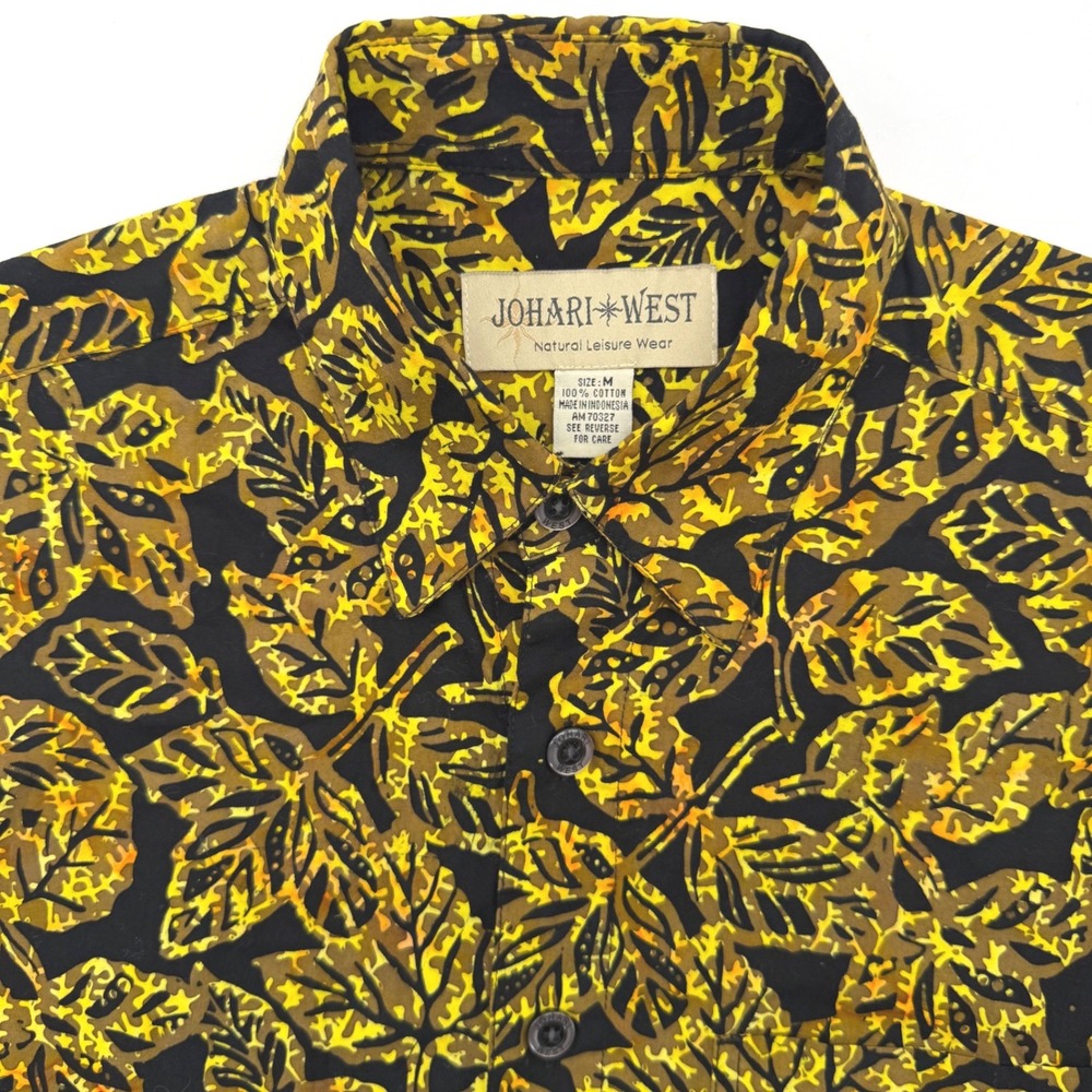 Johari West Button Up Men M Yellow Leaf Batik Tropical Short Sleeve Shirt